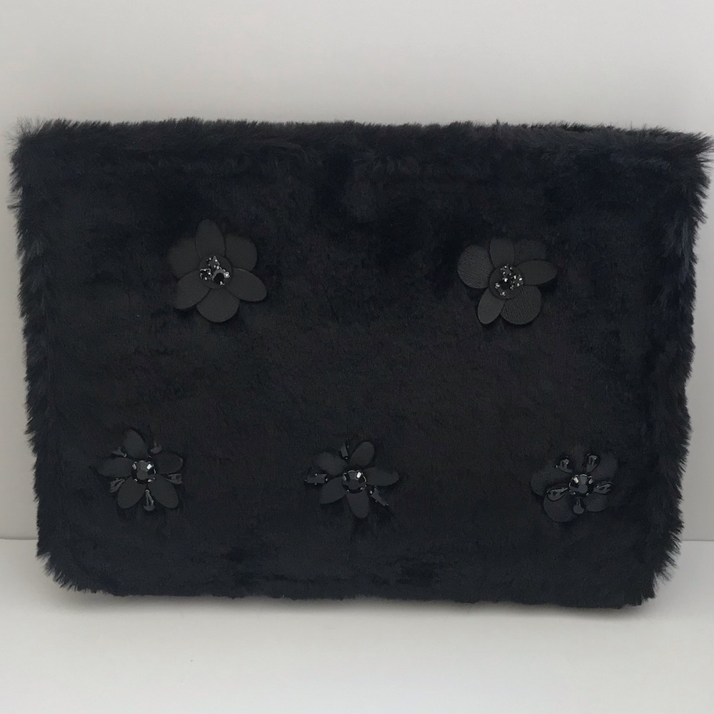 Nwt Kate Spade New York Neve Black Shearling Fur & Beaded Large Clutch Bag